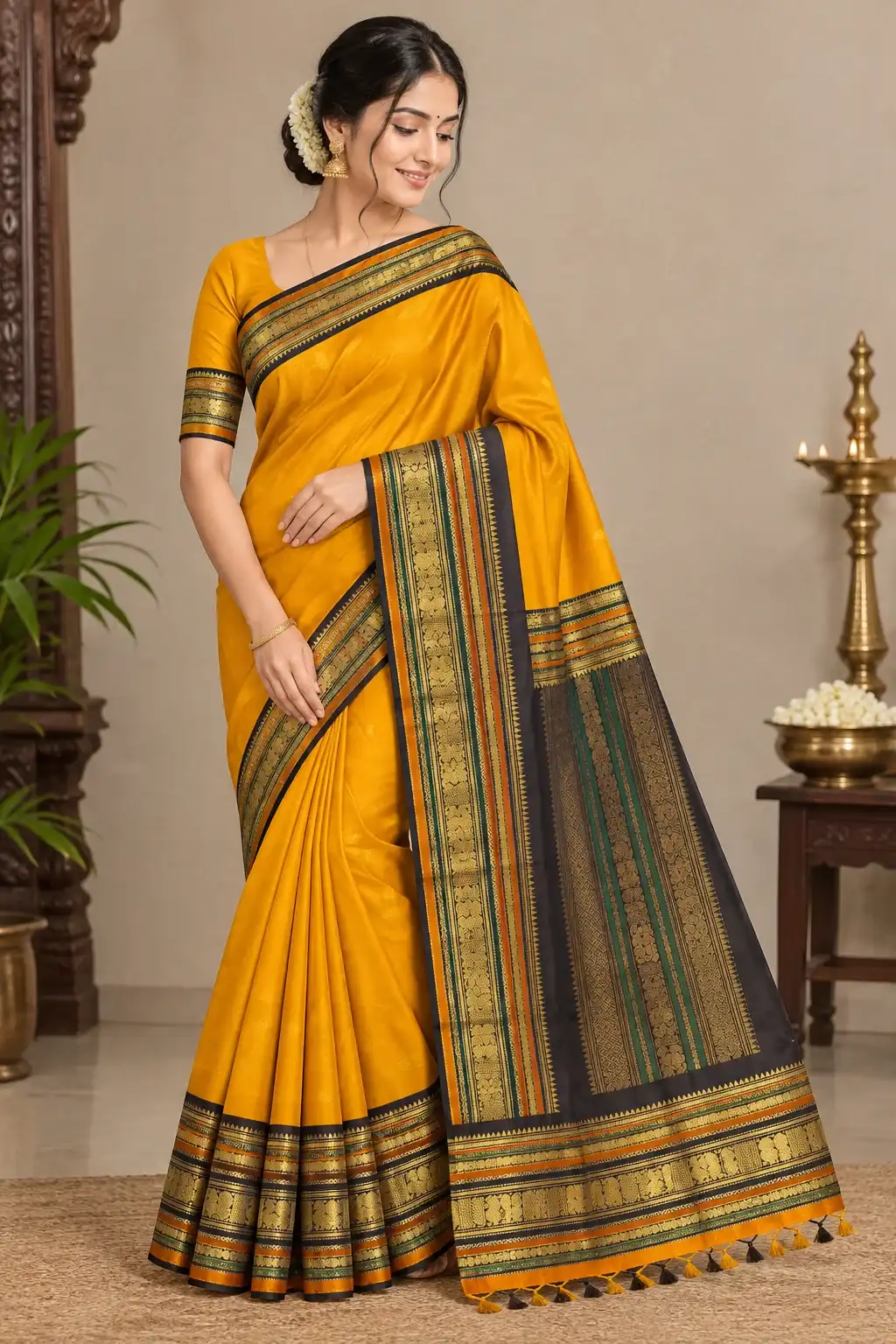 Mustard Yellow Kanchipuram Handloom Silk Saree